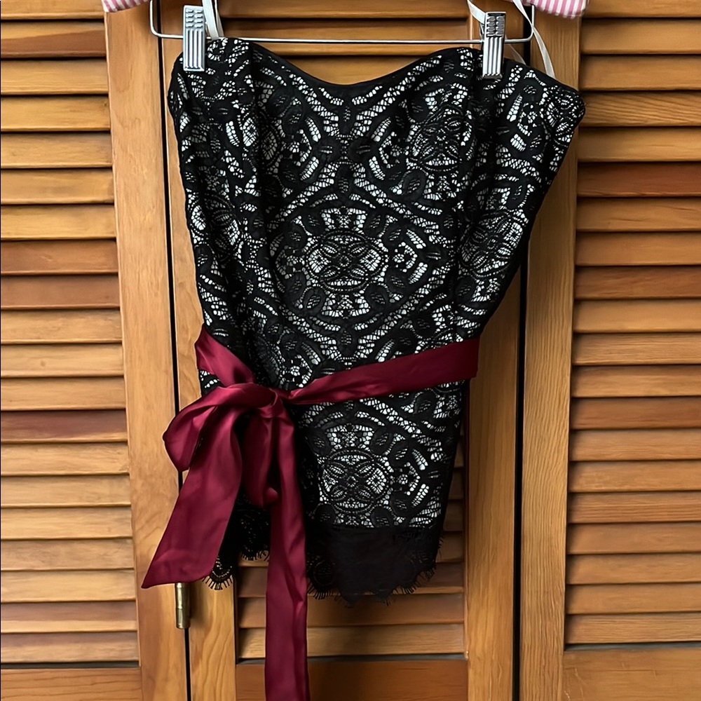 Black Lace Strapless Top with Burgundy Ribbon
